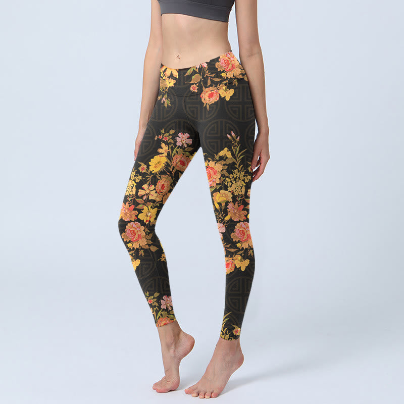 Leggings da palestra con stampa Buddha Stones Yellow Pink Flowers Green Leaves Pantaloni da yoga da donna - Nero - US18, UK/AU22, EU50 (4XL) - image 0