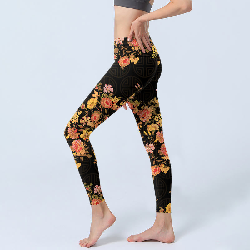 Leggings da palestra con stampa Buddha Stones Yellow Pink Flowers Green Leaves Pantaloni da yoga da donna