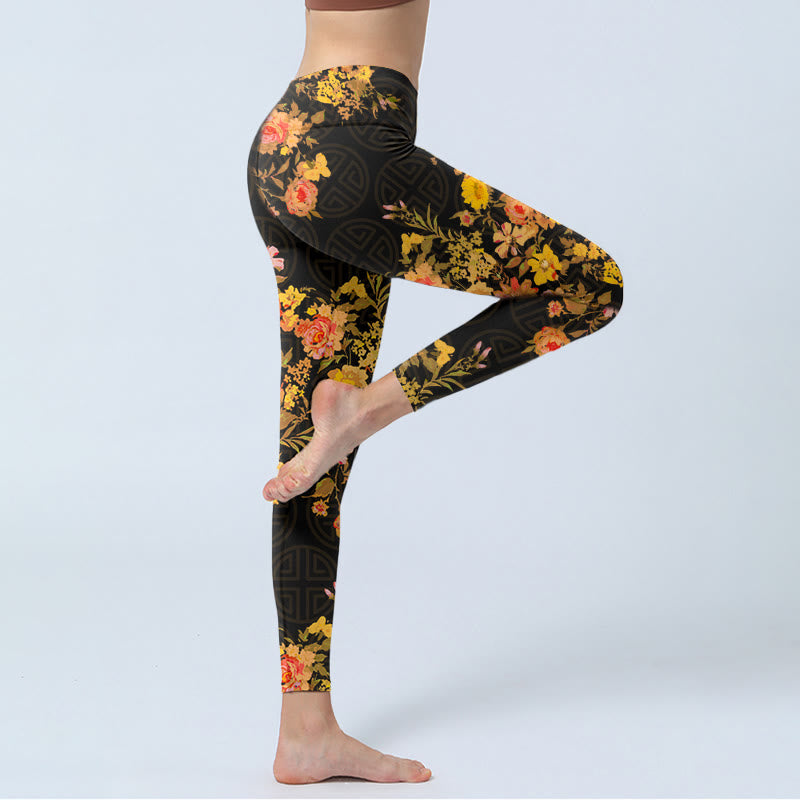 Leggings da palestra con stampa Buddha Stones Yellow Pink Flowers Green Leaves Pantaloni da yoga da donna