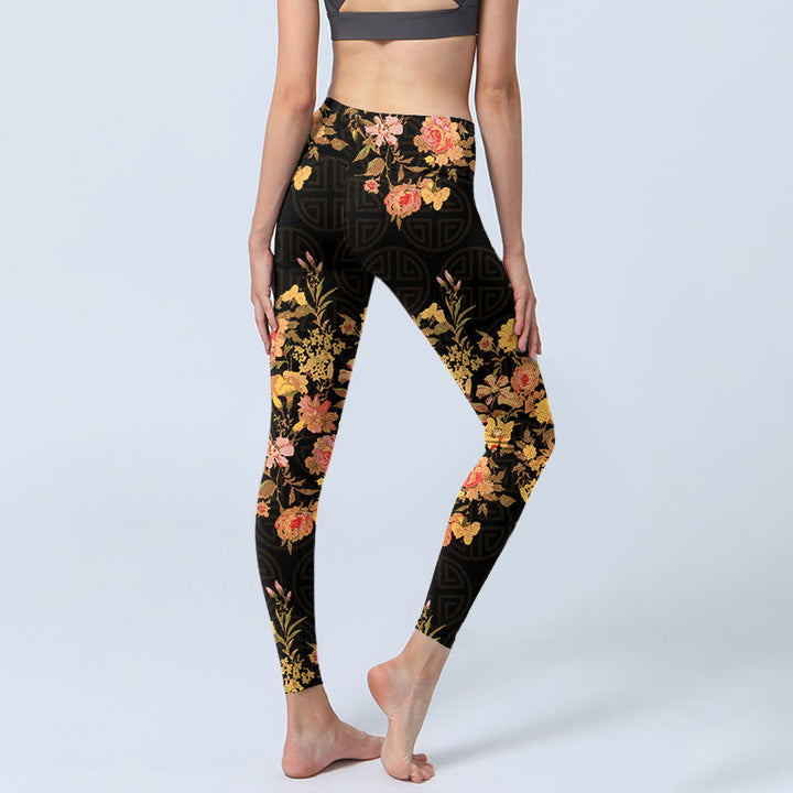 Leggings da palestra con stampa Buddha Stones Yellow Pink Flowers Green Leaves Pantaloni da yoga da donna