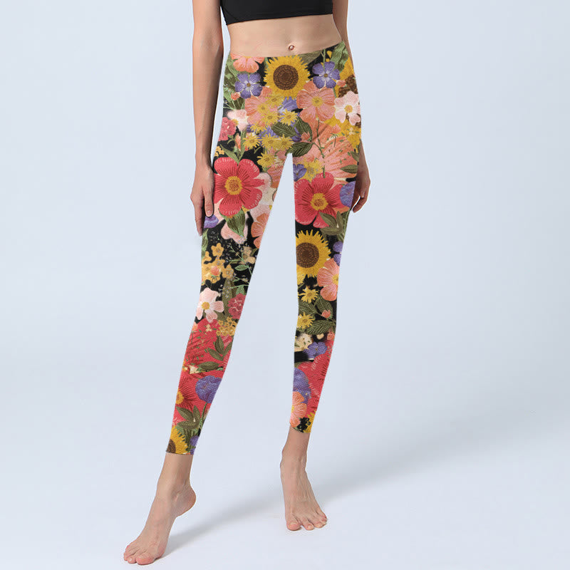 Leggings sportivi da fitness con stampa di Buddha Stones Girasoli Rosa Viola Fiori Pantaloni da yoga da donna