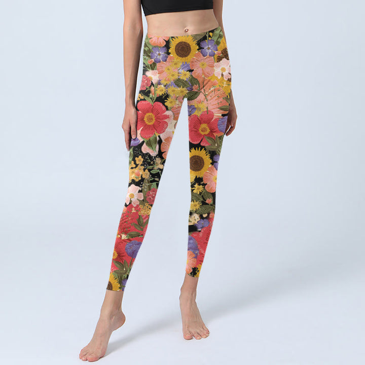 Leggings sportivi da fitness con stampa di Buddha Stones Girasoli Rosa Viola Fiori Pantaloni da yoga da donna