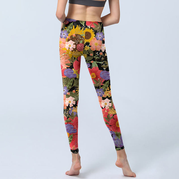 Leggings sportivi da fitness con stampa di Buddha Stones Girasoli Rosa Viola Fiori Pantaloni da yoga da donna