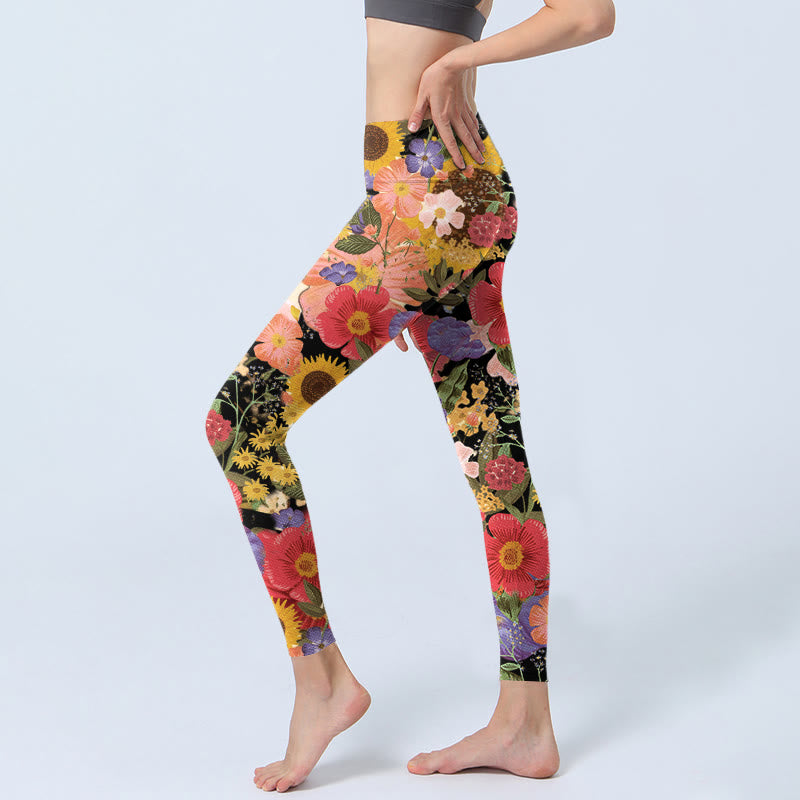 Leggings sportivi da fitness con stampa di Buddha Stones Girasoli Rosa Viola Fiori Pantaloni da yoga da donna