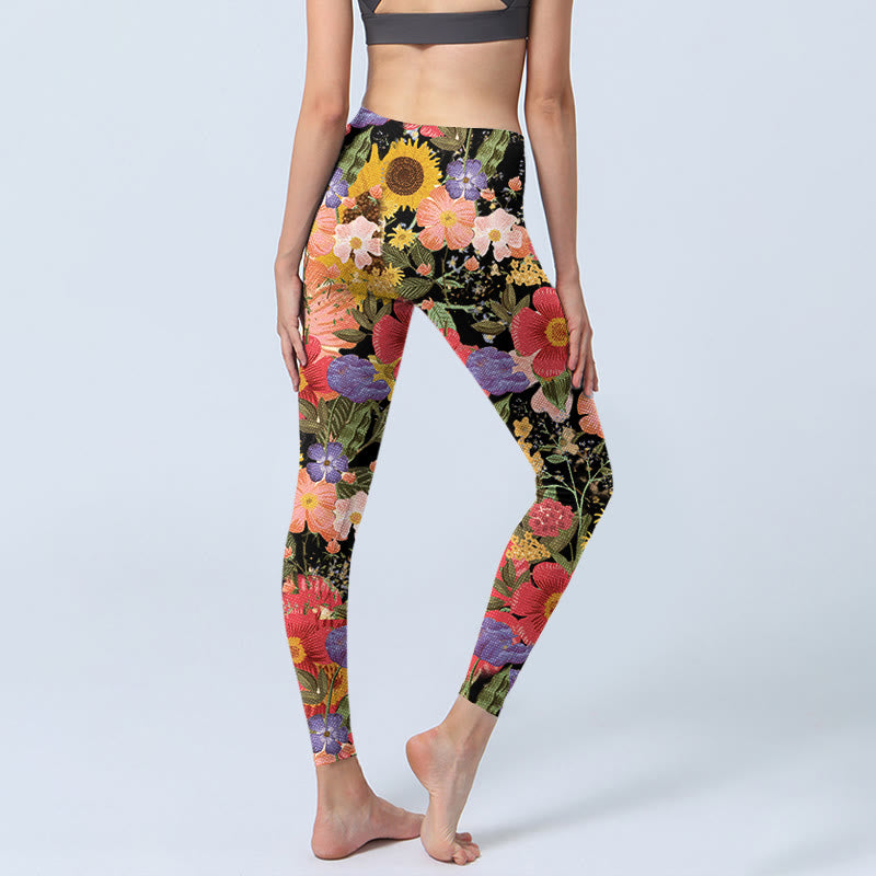 Leggings sportivi da fitness con stampa di Buddha Stones Girasoli Rosa Viola Fiori Pantaloni da yoga da donna