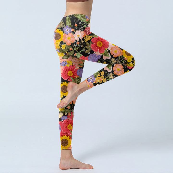 Leggings sportivi da fitness con stampa di Buddha Stones Girasoli Rosa Viola Fiori Pantaloni da yoga da donna