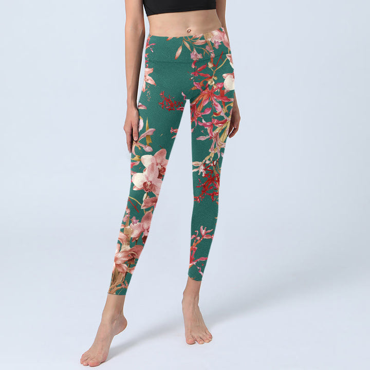 Leggings da palestra fitness con stampa di fiori rosa e verdi con Buddha Stones, pantaloni da yoga da donna