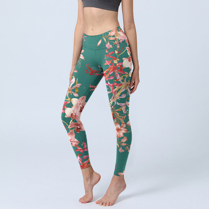 Leggings da palestra fitness con stampa di fiori rosa e verdi con Buddha Stones, pantaloni da yoga da donna