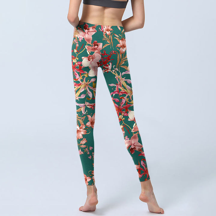 Leggings da palestra fitness con stampa di fiori rosa e verdi con Buddha Stones, pantaloni da yoga da donna