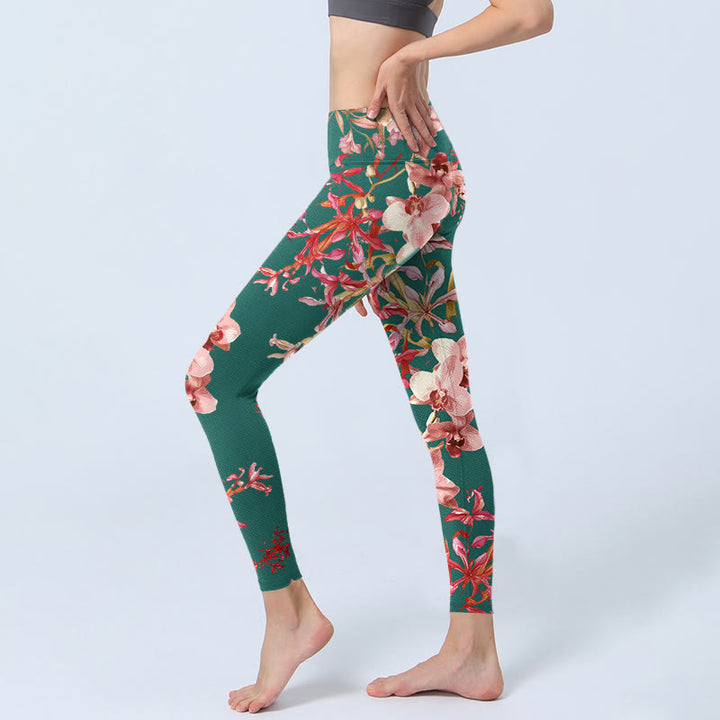 Leggings da palestra fitness con stampa di fiori rosa e verdi con Buddha Stones, pantaloni da yoga da donna