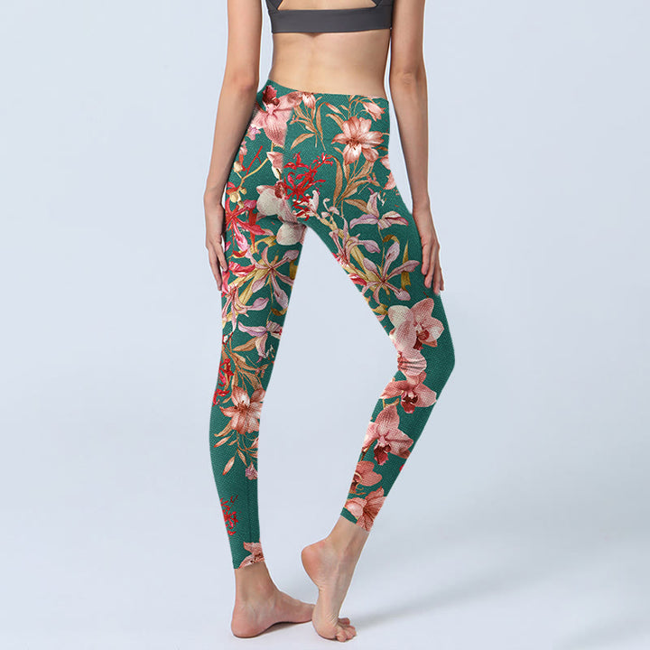 Leggings da palestra fitness con stampa di fiori rosa e verdi con Buddha Stones, pantaloni da yoga da donna