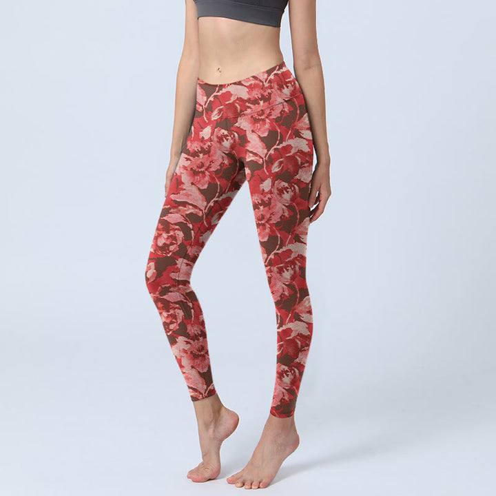 Leggings sportivi da fitness con stampa di fiori rossi e Buddha Stones , pantaloni da yoga da donna