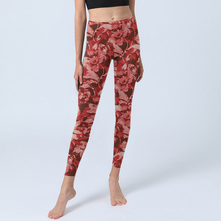 Leggings sportivi da fitness con stampa di fiori rossi e Buddha Stones , pantaloni da yoga da donna