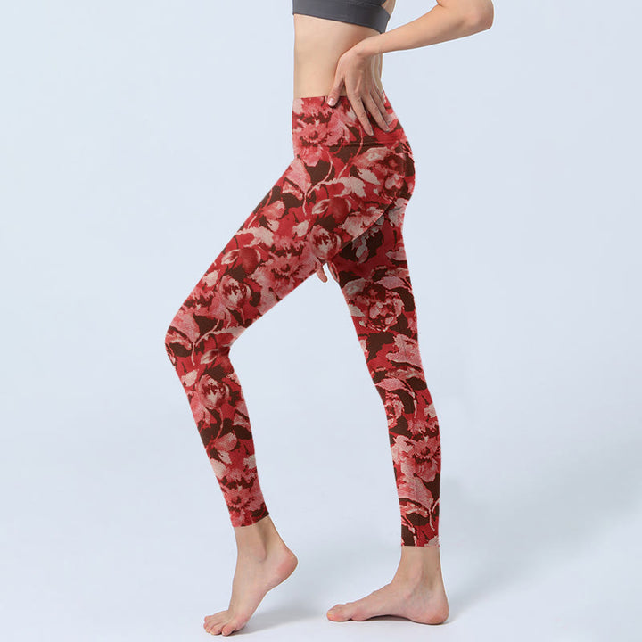Leggings sportivi da fitness con stampa di fiori rossi e Buddha Stones , pantaloni da yoga da donna