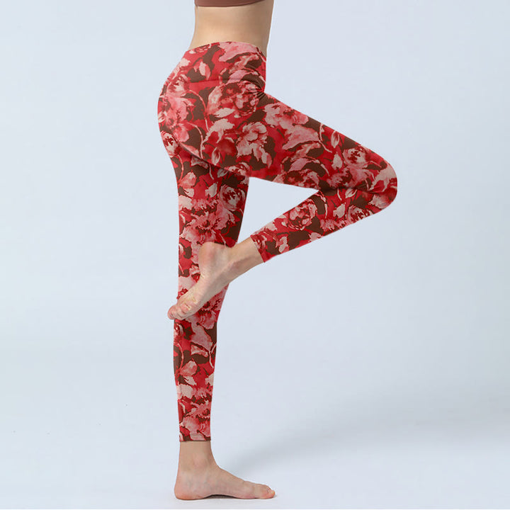 Leggings sportivi da fitness con stampa di fiori rossi e Buddha Stones , pantaloni da yoga da donna