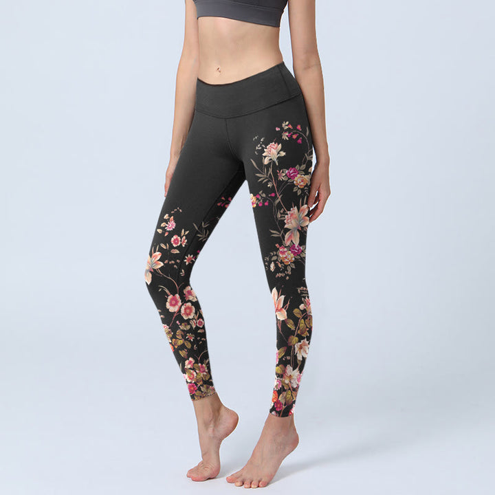 Buddha Stones Rose rosa Fiori beige Stampa Leggings da palestra Fitness Pantaloni da yoga da donna