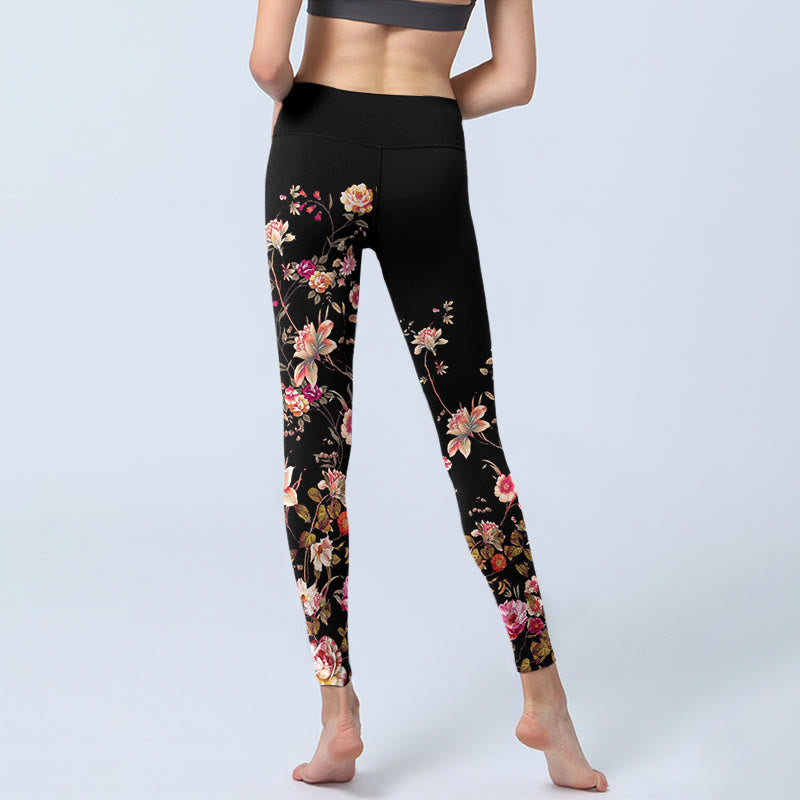 Buddha Stones Rose rosa Fiori beige Stampa Leggings da palestra Fitness Pantaloni da yoga da donna