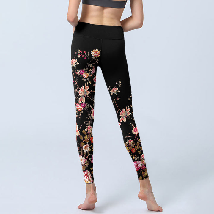 Buddha Stones Rose rosa Fiori beige Stampa Leggings da palestra Fitness Pantaloni da yoga da donna