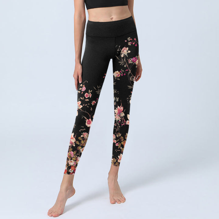 Buddha Stones Rose rosa Fiori beige Stampa Leggings da palestra Fitness Pantaloni da yoga da donna