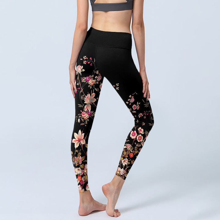 Buddha Stones Rose rosa Fiori beige Stampa Leggings da palestra Fitness Pantaloni da yoga da donna