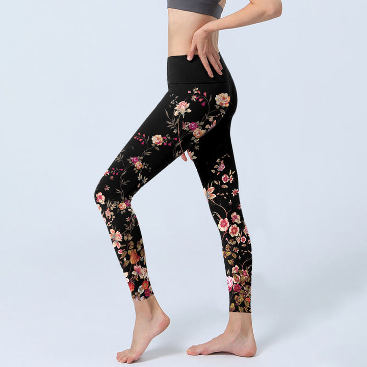 Buddha Stones Rose rosa Fiori beige Stampa Leggings da palestra Fitness Pantaloni da yoga da donna