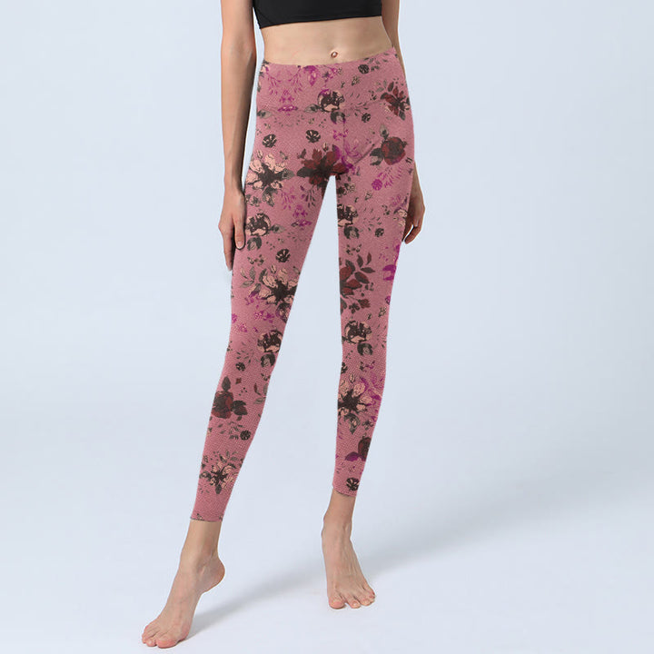 Leggings sportivi da fitness con stampa di Buddha Stones , rose rosse e foglie rosa, pantaloni da yoga da donna