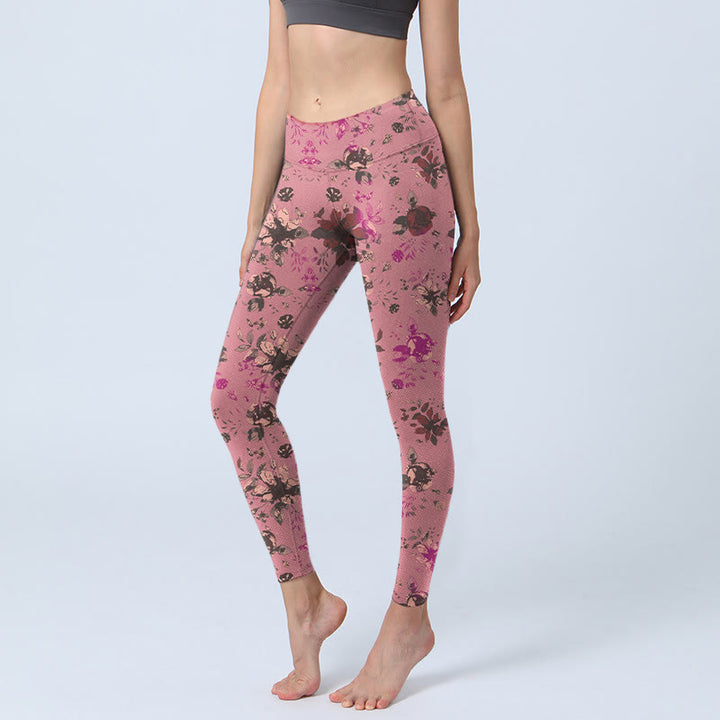 Leggings sportivi da fitness con stampa di Buddha Stones , rose rosse e foglie rosa, pantaloni da yoga da donna