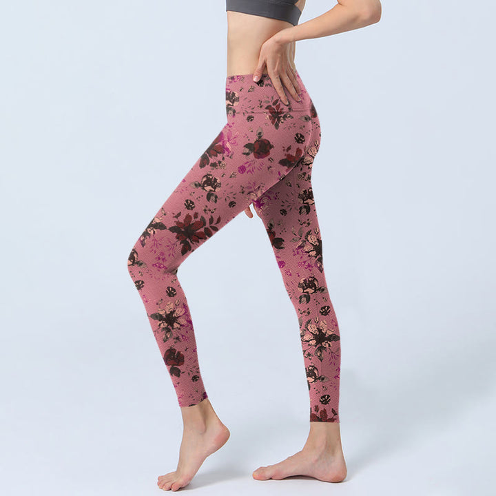 Leggings sportivi da fitness con stampa di Buddha Stones , rose rosse e foglie rosa, pantaloni da yoga da donna