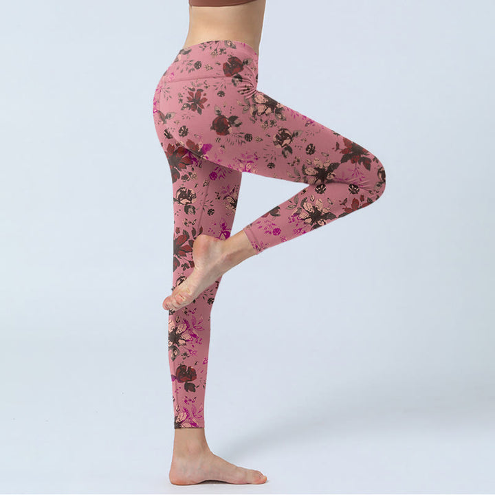 Leggings sportivi da fitness con stampa di Buddha Stones , rose rosse e foglie rosa, pantaloni da yoga da donna