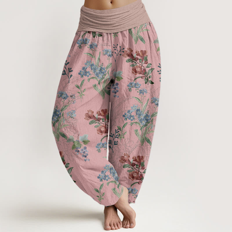 Pantaloni harem elastici in vita da donna con motivo Buddha Stones, fiori rossi e blu, foglie verdi - Rosso viola pallido - US22, UK/AU26, EU54 (6XL) - image 0