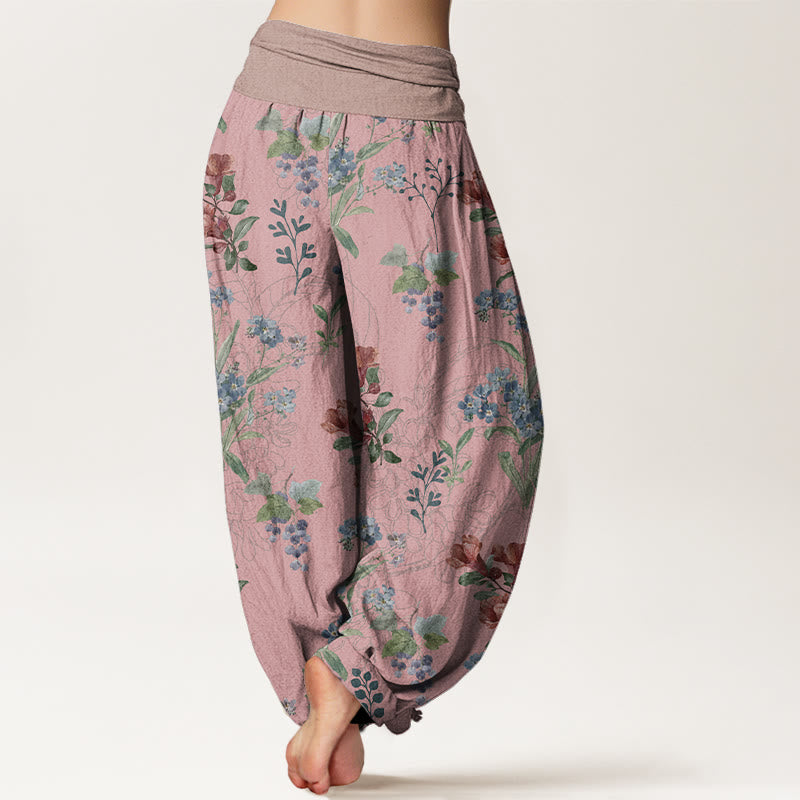 Pantaloni harem elastici in vita da donna con motivo Buddha Stones, fiori rossi e blu, foglie verdi - image 1