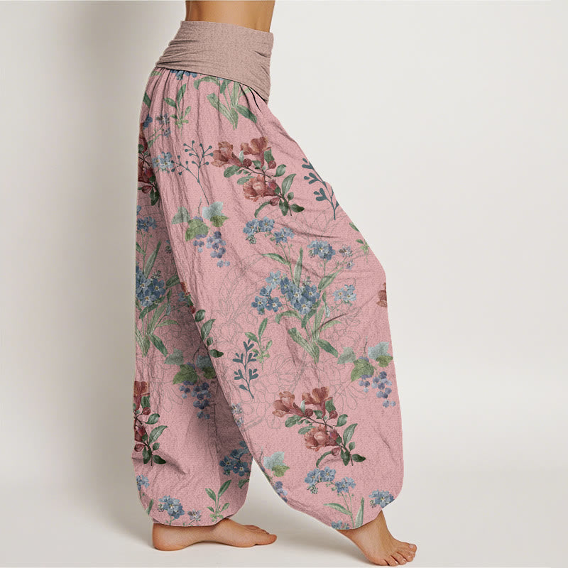 Pantaloni harem elastici in vita da donna con motivo Buddha Stones, fiori rossi e blu, foglie verdi - image 2