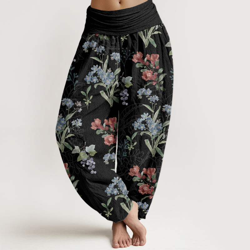 Pantaloni harem elastici in vita da donna con motivo Buddha Stones, fiori rossi e blu, foglie verdi - Nero - US22, UK/AU26, EU54 (6XL) - image 5