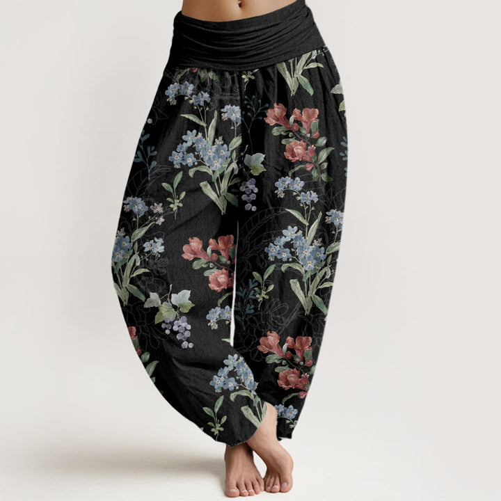 Pantaloni harem elastici in vita da donna con motivo Buddha Stones, fiori rossi e blu, foglie verdi - Nero - US22, UK/AU26, EU54 (6XL) - image 5