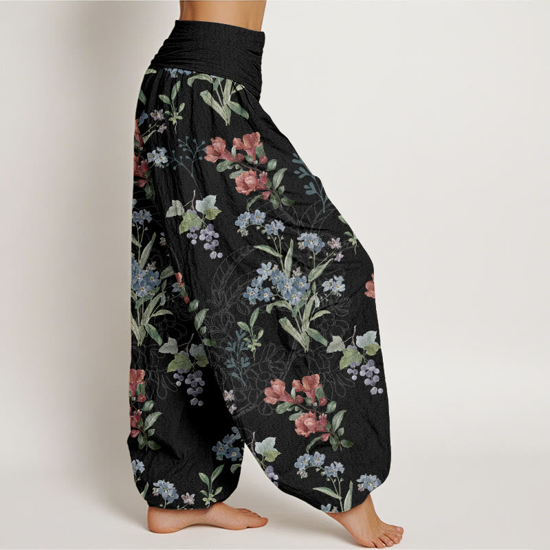 Pantaloni harem elastici in vita da donna con motivo Buddha Stones, fiori rossi e blu, foglie verdi - image 7