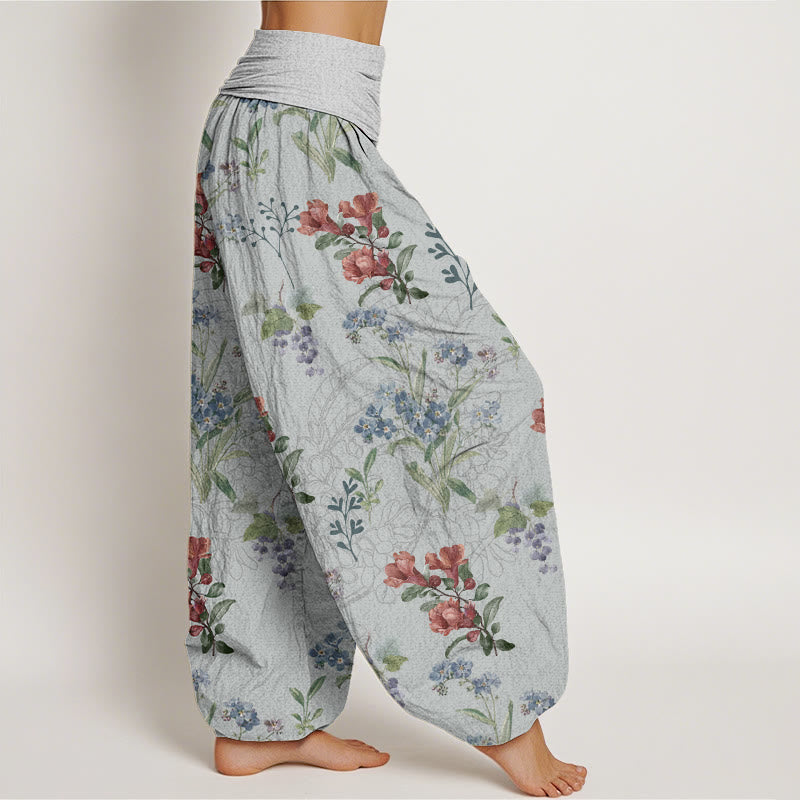 Pantaloni harem elastici in vita da donna con motivo Buddha Stones, fiori rossi e blu, foglie verdi - image 10