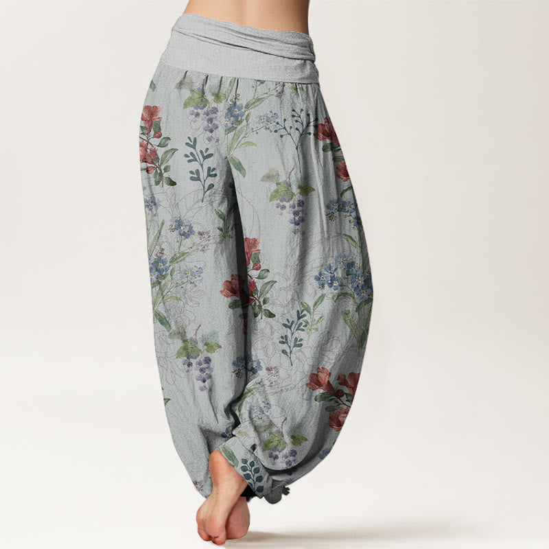 Pantaloni harem elastici in vita da donna con motivo Buddha Stones, fiori rossi e blu, foglie verdi - image 9