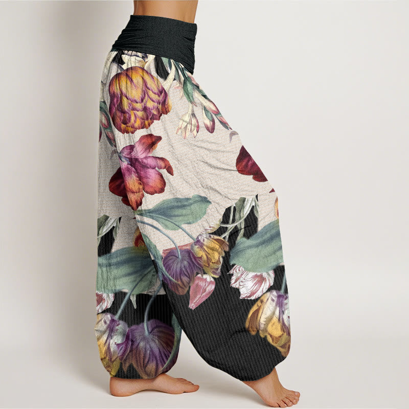 Pantaloni harem elastici in vita da donna con motivo Buddha Stones Tulips Green Leaves - image 2