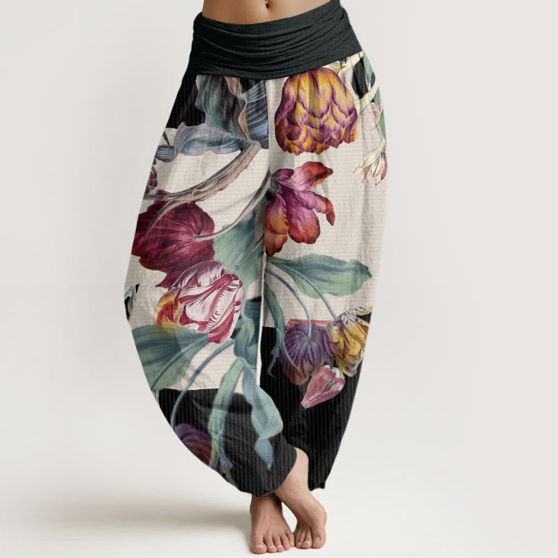 Pantaloni harem da donna con elastico in vita, motivo Buddha Stones, tulipani in cotone e foglie verdi - Nero - US22, UK/AU26, EU54 (6XL) - image 0