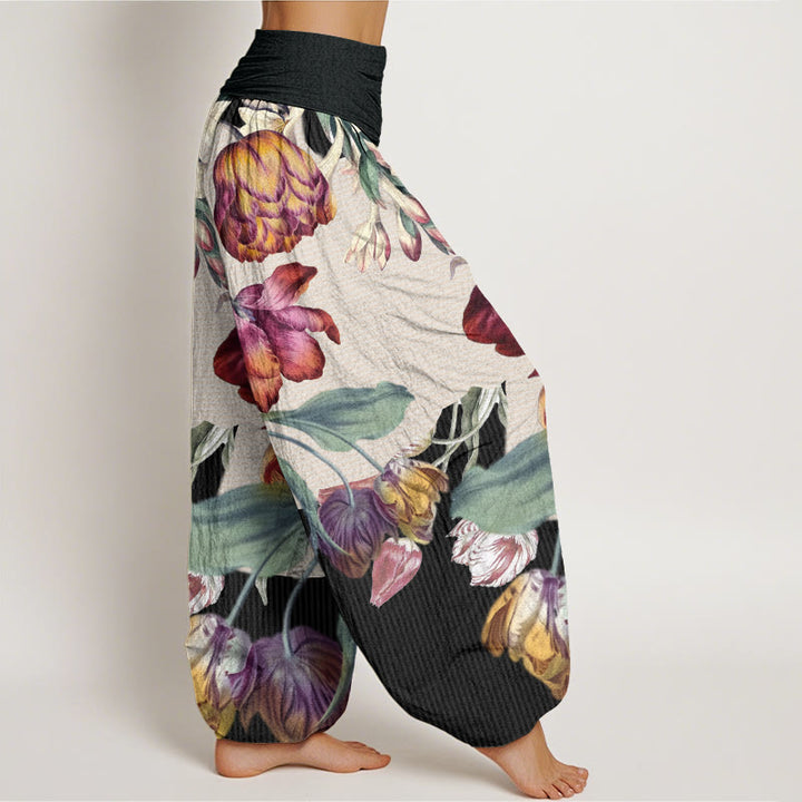 Pantaloni harem elastici in vita da donna con motivo Buddha Stones Tulips Green Leaves - image 3