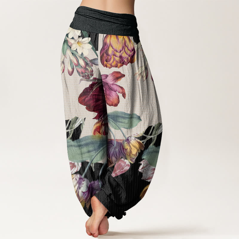 Pantaloni harem elastici in vita da donna con motivo Buddha Stones Tulips Green Leaves - image 1