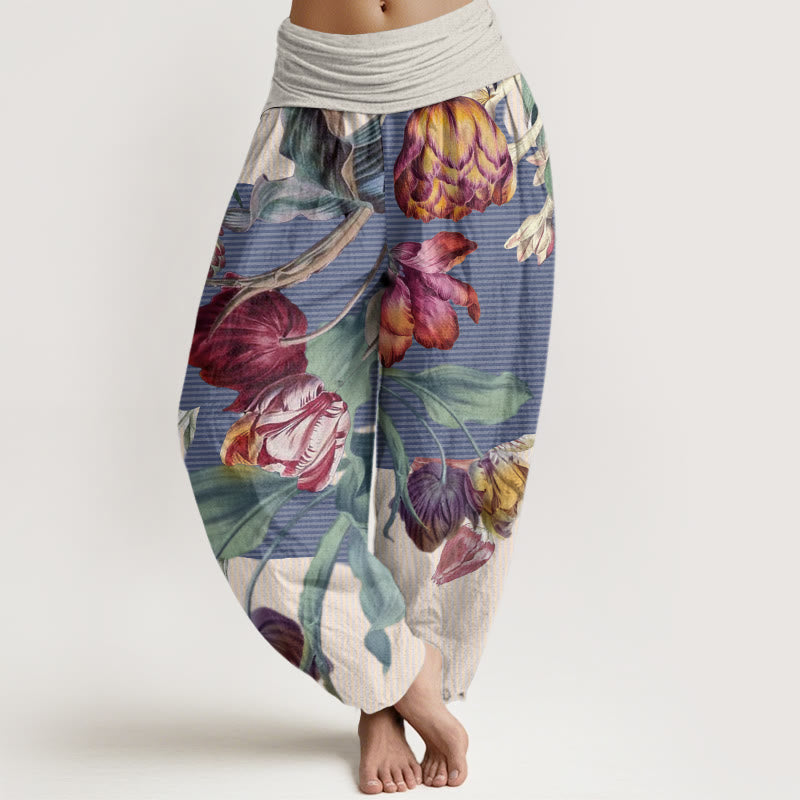 Pantaloni harem elastici in vita da donna con motivo Buddha Stones Tulips Green Leaves - Beige - US22, UK/AU26, EU54 (6XL) - image 4