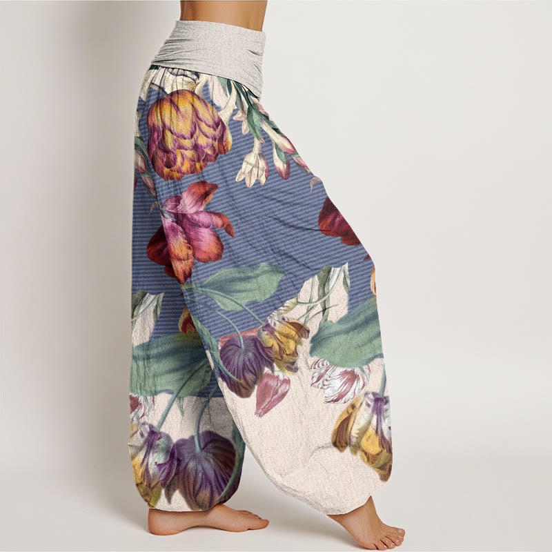 Pantaloni harem elastici in vita da donna con motivo Buddha Stones Tulips Green Leaves - image 6