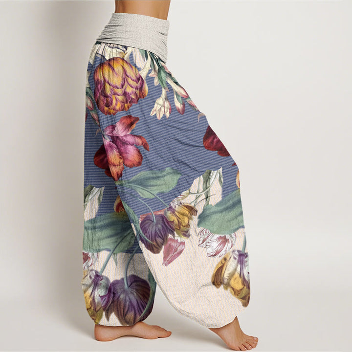 Pantaloni harem elastici in vita da donna con motivo Buddha Stones Tulips Green Leaves - image 6