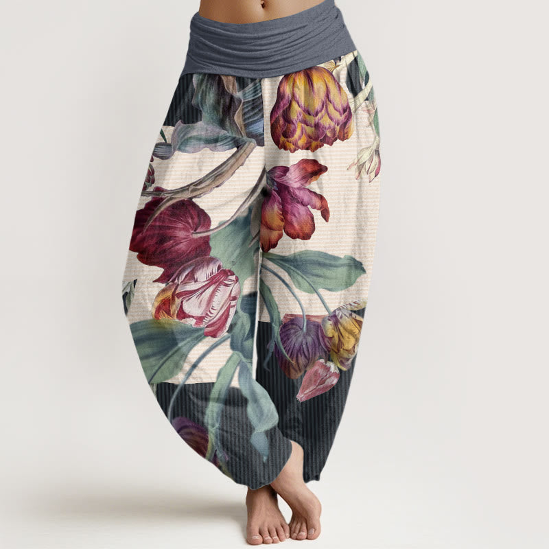Pantaloni harem da donna con elastico in vita, motivo Buddha Stones, tulipani in cotone e foglie verdi - BluAcciaioChiaro - US22, UK/AU26, EU54 (6XL) - image 7