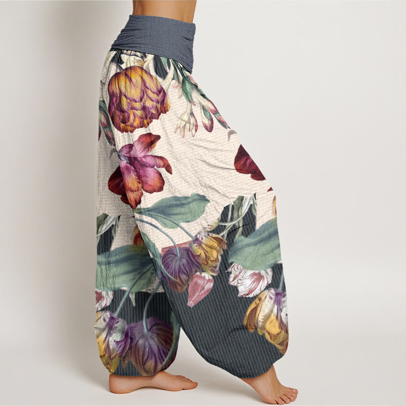 Pantaloni harem elastici in vita da donna con motivo Buddha Stones Tulips Green Leaves - image 9