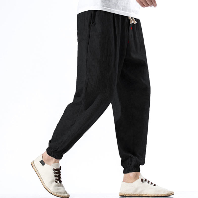 Pantaloni da uomo in lino con coulisse, casual, tinta unita, con tasche , Buddha Stones - image 10