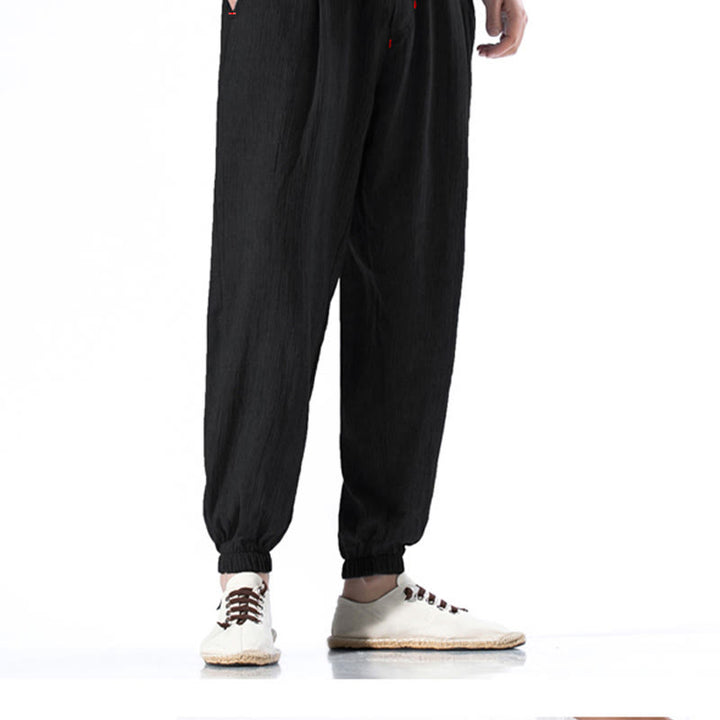 Pantaloni da uomo in lino con coulisse, casual, tinta unita, con tasche , Buddha Stones