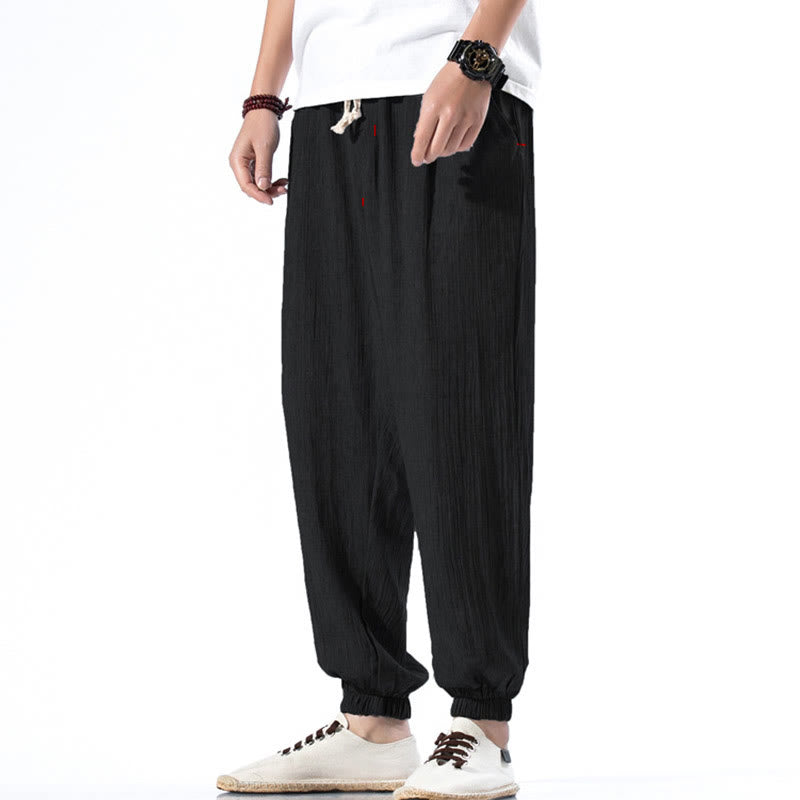 Pantaloni da uomo in lino con coulisse, casual, tinta unita, con tasche , Buddha Stones - Nero - US/UK/AU46, EU56 (5XL) - image 10
