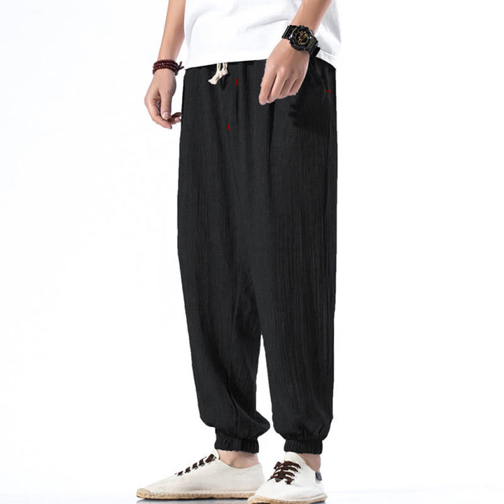 Pantaloni da uomo in lino con coulisse, casual, tinta unita, con tasche , Buddha Stones - Nero - US/UK/AU46, EU56 (5XL) - image 10